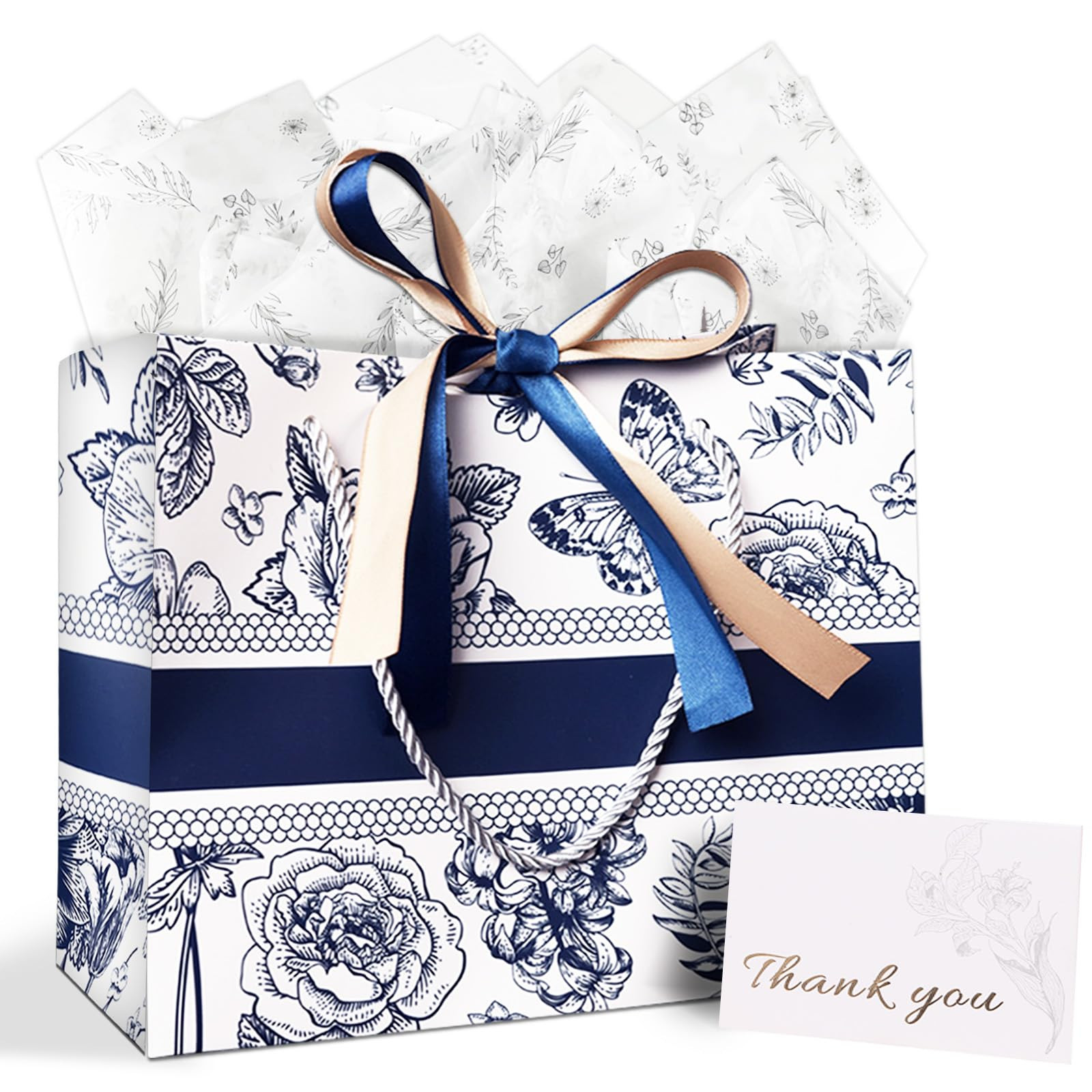 FAYEVIVI Large Gift Bag with Tissue Paper -Vintage Floral Present Bag with Thank You Card and Rib... | Amazon (US)