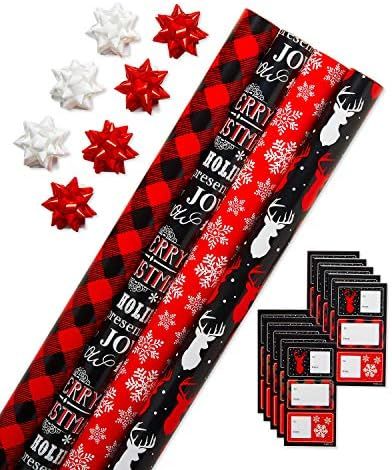 American Greetings Christmas Wrapping Paper Set with Cut Lines, Red, Black and White, Plaid, Rein... | Amazon (US)