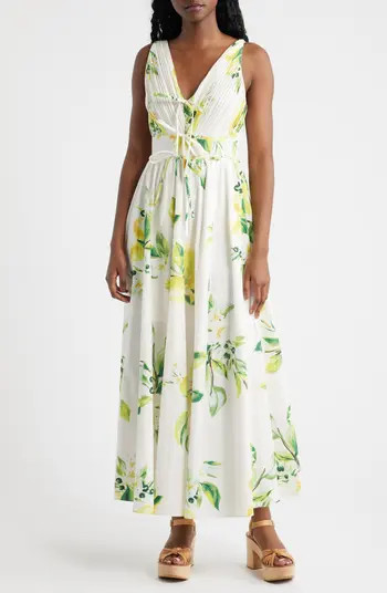 MOON RIVER Pliss\u00e9 Tie Front Cotton Maxi Dress | Nordstrom | Nordstrom