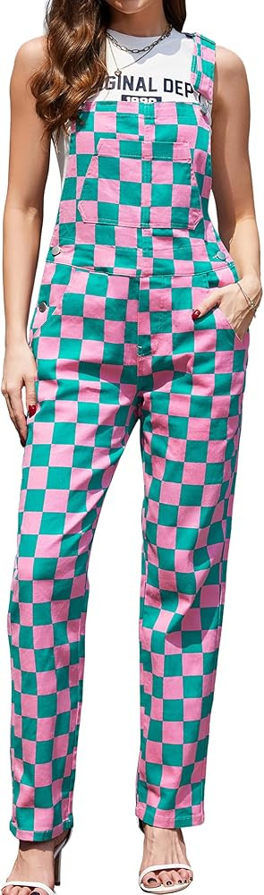 Odefou Checkered Pants Womens Overalls Fashion Bib Coveralls Cute Stretch Jeans Jumpsuit | Amazon (US)