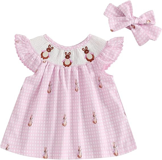 Kayotuas Baby Girl Easter Outfit Toddler Smocked Easter Dress Cute Bunny Basket Embroidery Ruffle... | Amazon (US)