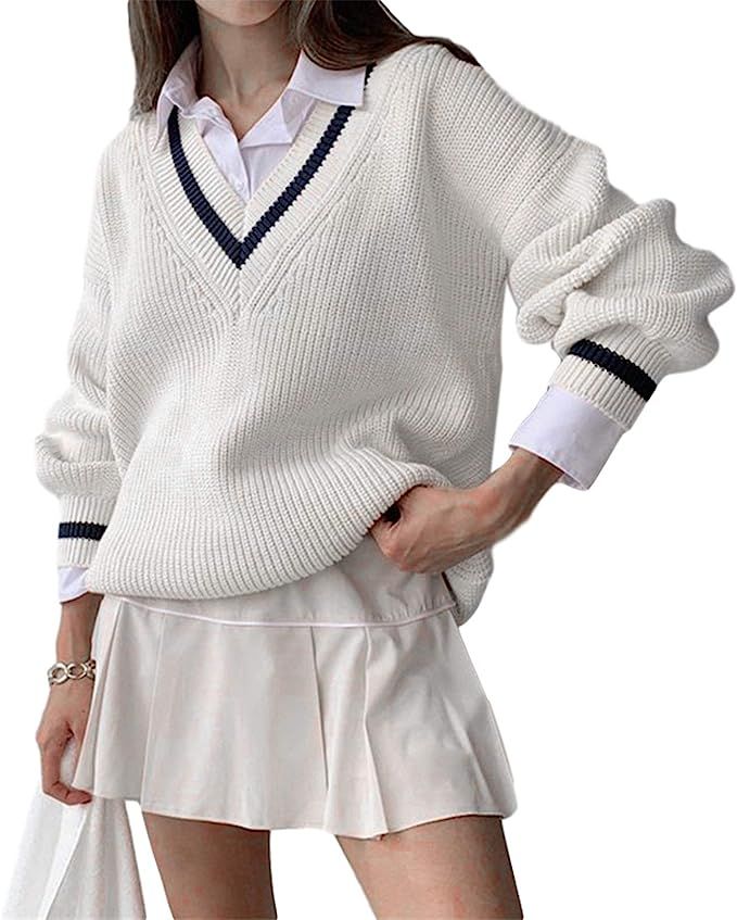 Womens Girls Sweater Y2K Argyle Preppy Knit Sweater Tops Color Block Pullover Sweater Streetwear ... | Amazon (US)