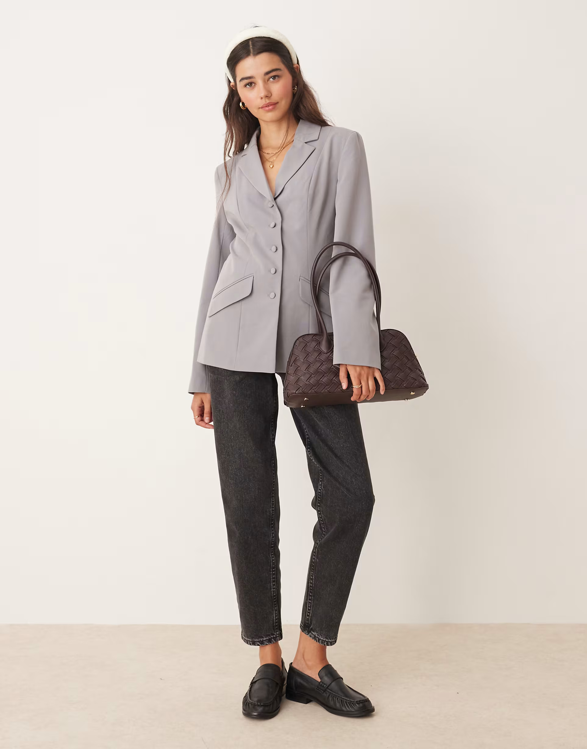 Miss Selfridge button through cinch blazer in gray | ASOS (Global)