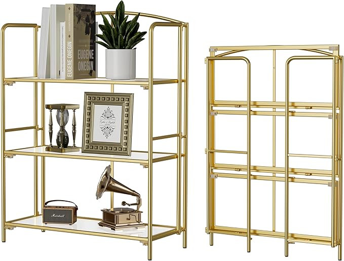Crofy No Assembly Folding Bookshelf for Living Room, 3 Tier Gold Collapsible Book Shelf for Home ... | Amazon (US)
