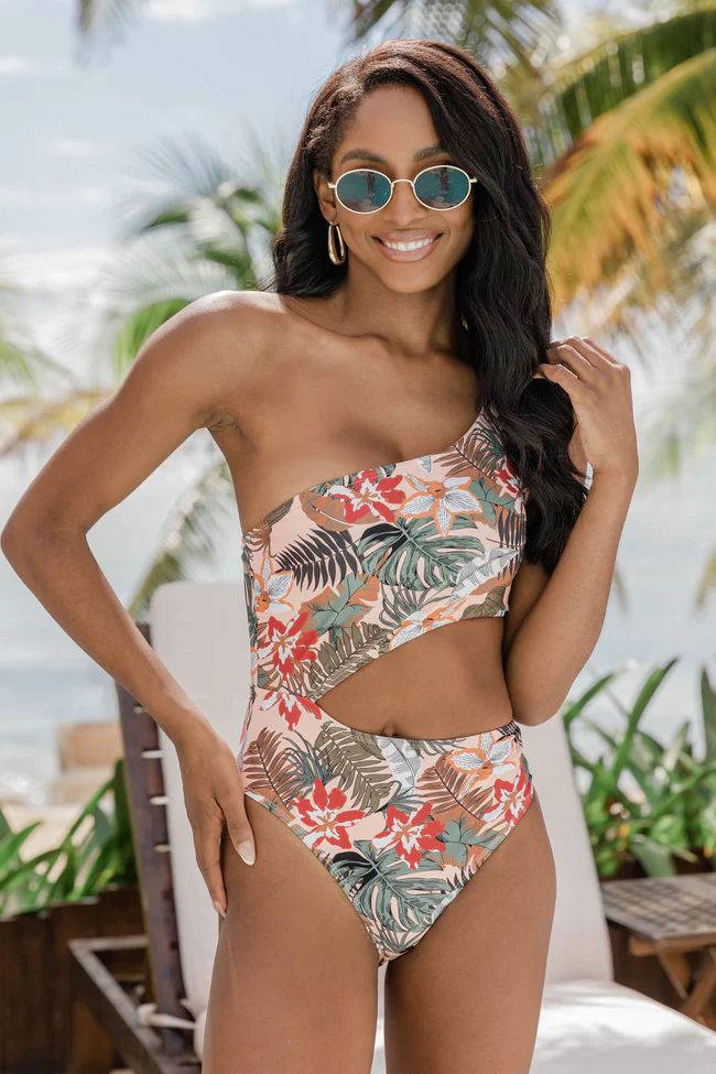 Maui Nights Multi Palms One Shoulder Cutout One Piece Swimsuit | The Pink Lily Boutique