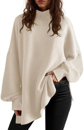 Saodimallsu Womens Turtleneck Oversized Sweaters Puff Sleeve Side Slit Casual Knit Tunic Pullover... | Amazon (US)