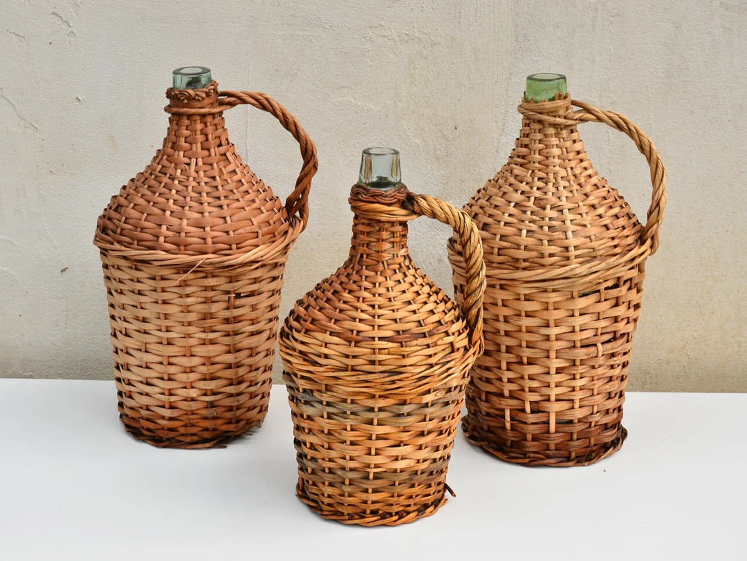 Vintage Demijohn Woven Wicker Bottle, Retro Country Decor, Old Glass Wine Bottle Wrapped in Woven... | Etsy (US)