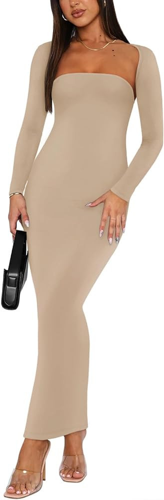 REORIA Womens Sexy 2 Piece Outfits Long Sleeve Bolero Shrug Going Out Strapless Fashion Maxi Dres... | Amazon (US)