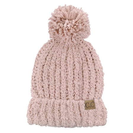 C.C Women s Chenille Soft Stretchy Pom Cuffed Knit Beanie Cap Hat-Indi Pink | Walmart (US)