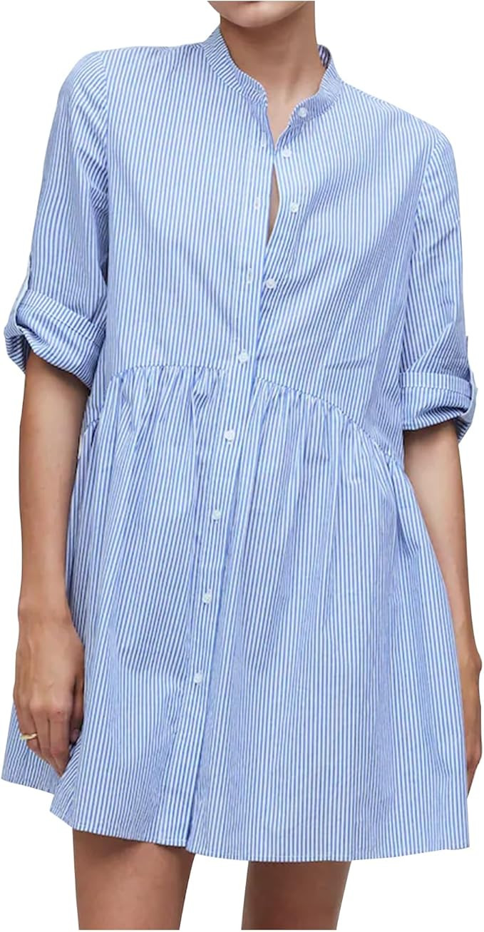 Women's Cotton Striped Tunic Shirt Mini Dress Button Front Short Sleeve Dress Swing Babydoll Casu... | Amazon (US)