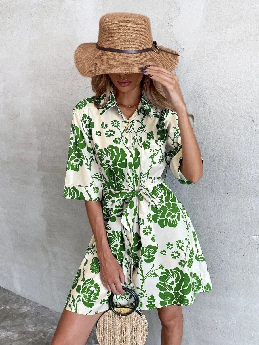 Floral Print Self Tie Shirt Dress | SHEIN