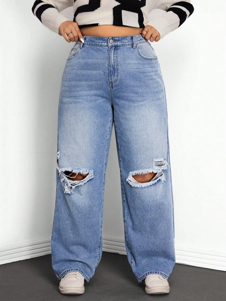 SHEIN EZwear Plus Size Autumn Casual Everyday Versatile Distressed Loose Wide Leg Jeans | SHEIN