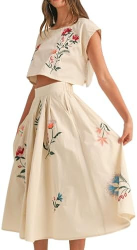 Women Floral Embroidery Dress Sleeveless 2 Piece Tank Top and Skirt Loose Fit Boho Dress | Amazon (US)