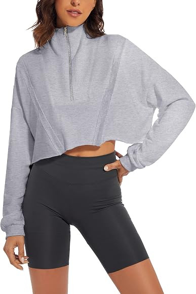 MISSACTIVER Women Casual Half Zipper Patchwork Crop Sweatshirt Drop Shoulder Long Sleeve Raw Hem ... | Amazon (US)