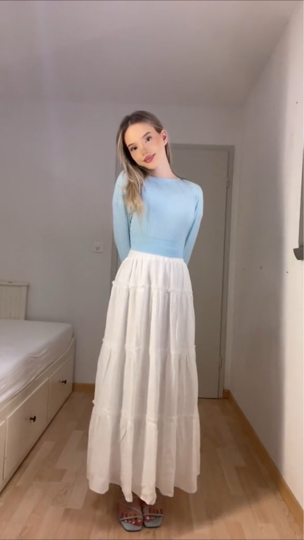 blue top, baby blue top, light blue outfit, white maxi skirt, tiered maxi skirt, modest outfit, modest fashion, feminine style, elegant outfit, classy outfit, soft girl aesthetic, clean girl outfit, spring outfit, summer outfit, pastel outfit, blue and white outfit, church outfit, Sunday outfit, brunch outfit, vacation outfit, European summer, cottagecore outfit, romantic outfit, timeless fashion, capsule wardrobe, feminine clothing, chic outfit, midi heels, blue heels, pastel blue, white skirt outfit, flowy skirt, modest summer style, minimal style, classic fashion, everyday elegance, Christian fashion, graceful style, soft aesthetic, outfit inspiration