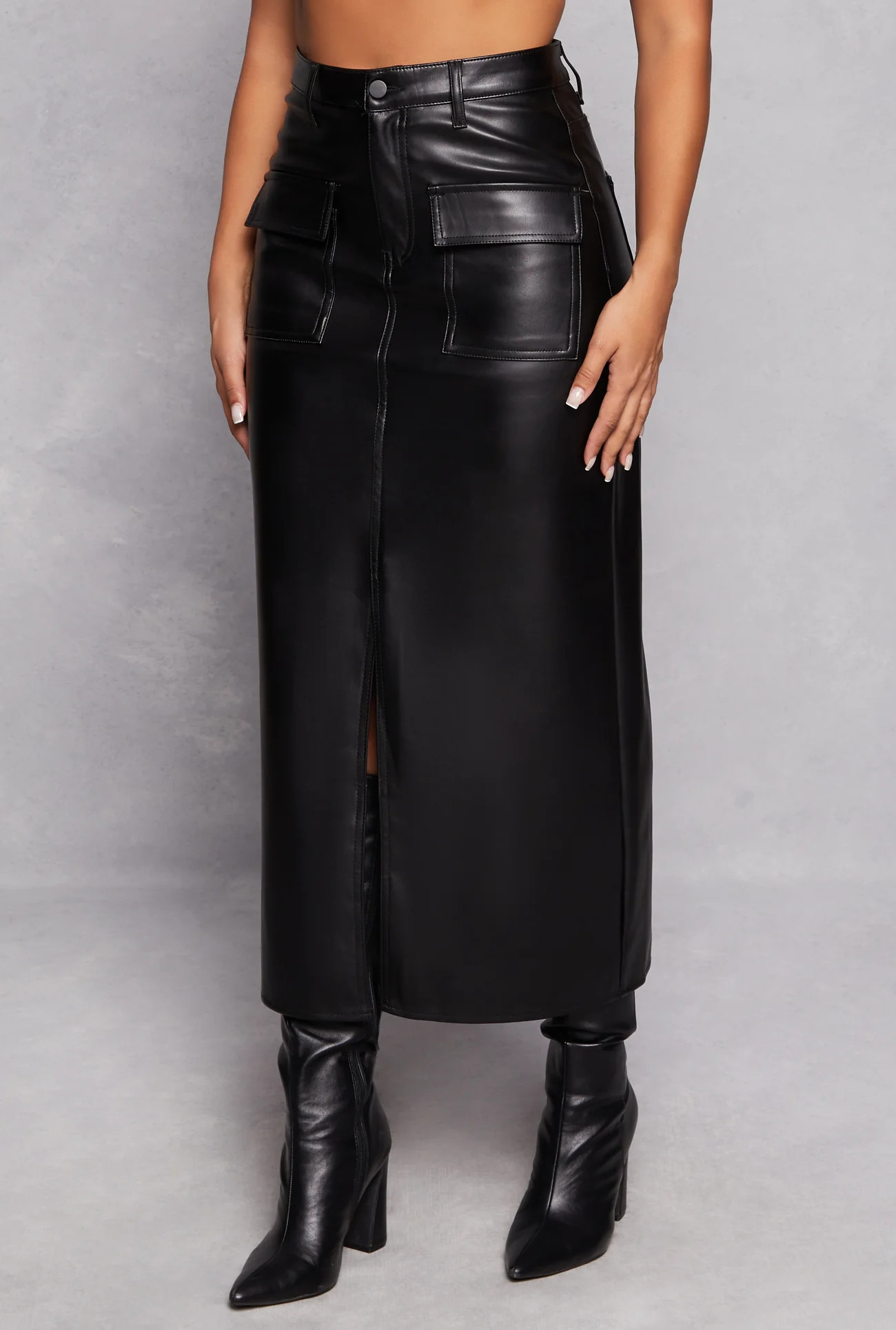 Faux Leather Slit Front Cargo Pocket Skirt | Rainbow Shops