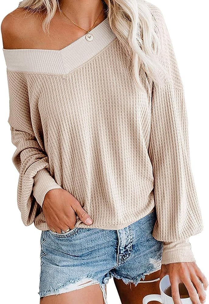 Women's V Neck Long Sleeve Shirts Waffle Knit Off Shoulder Tops Oversized Pullover Sweaters… | Amazon (US)