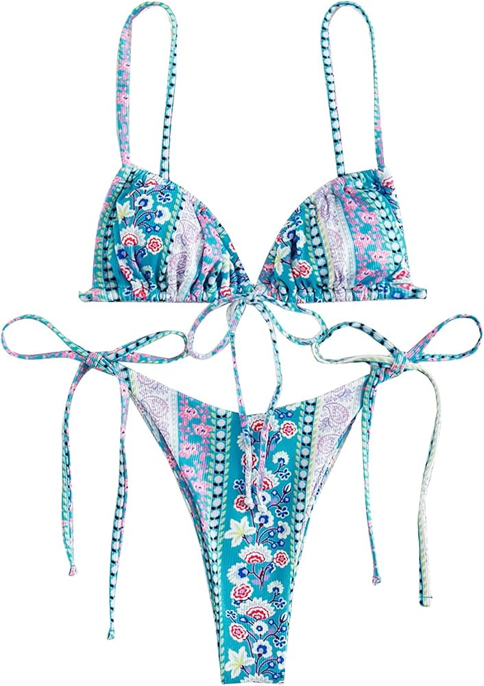 WDIRARA Women's Floral Print Tie Side Swimwear Straps Bikini Sets Swimsuits | Amazon (US)