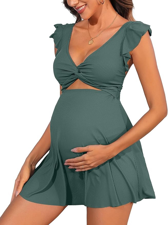Charmo Ruffle Ribbed Maternity Swimsuit One Piece Cutout Pregnancy Bathing Suits Push Up Twisted ... | Amazon (US)