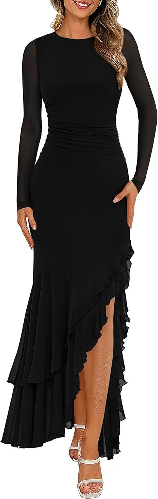 BTFBM Women's Maxi Dresses Spring 2026 Long Sleeve Ruched Bodycon Solid Ruffle Mermaid Cocktail W... | Amazon (US)