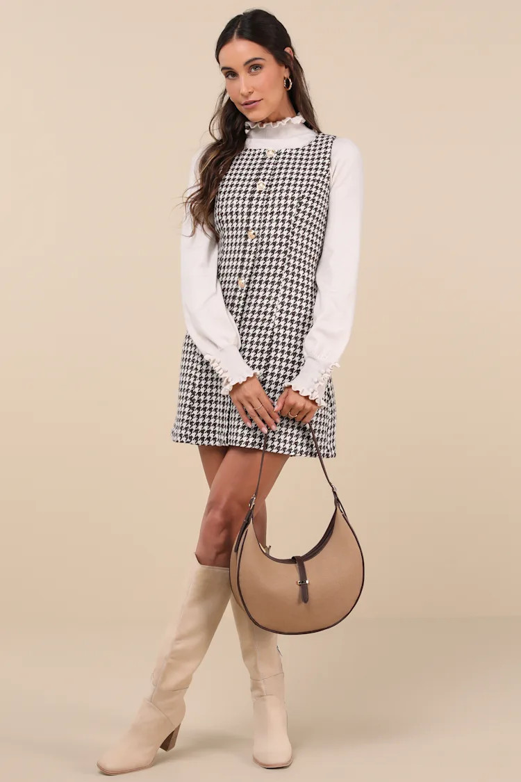 Coveted Poise Brown Houndstooth Button-Front Shift Mini Dress | Lulus