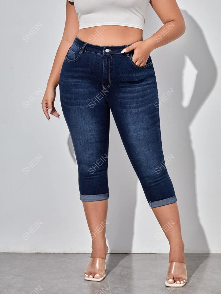 SHEIN Essnce Plus Roll Hem Skinny Capri Jeans | SHEIN