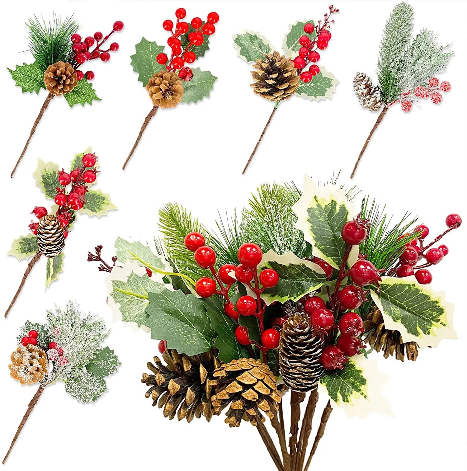 Homify 12 Pack Artificial Pinecones Pine Red Berry Stems Decor, 6 Styles Artificial Christmas Pic... | Walmart (US)