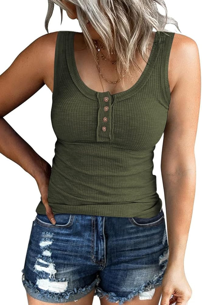 Kissfix Women Tank Tops Summer Casual Ribbed Sleeveless Basic Cami Top Slim Henley Button Down Bl... | Amazon (US)