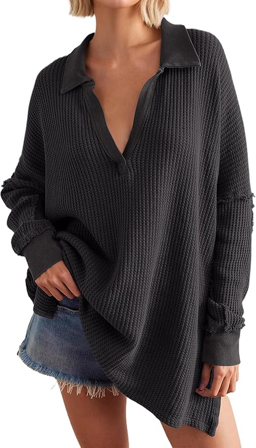 Women Oversized Waffle Knit Sweatshirts Long Sleeve V Neck Lapel Collared Polo Shirts Loose High ... | Amazon (US)