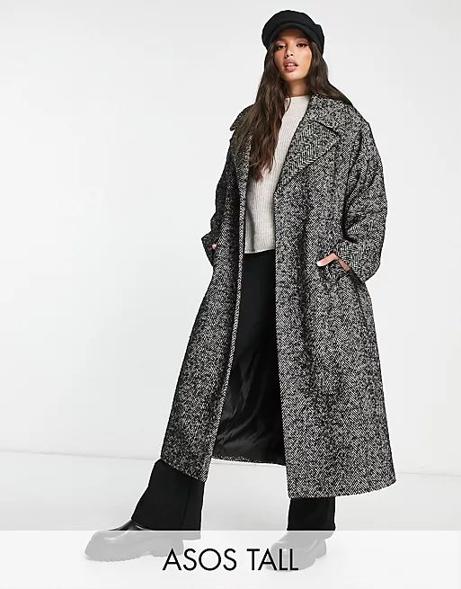 ASOS DESIGN Tall herringbone belted coat in black and white | ASOS (Global)