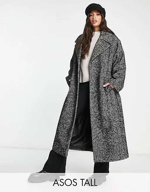 ASOS DESIGN Tall herringbone belted coat in black and white | ASOS (Global)