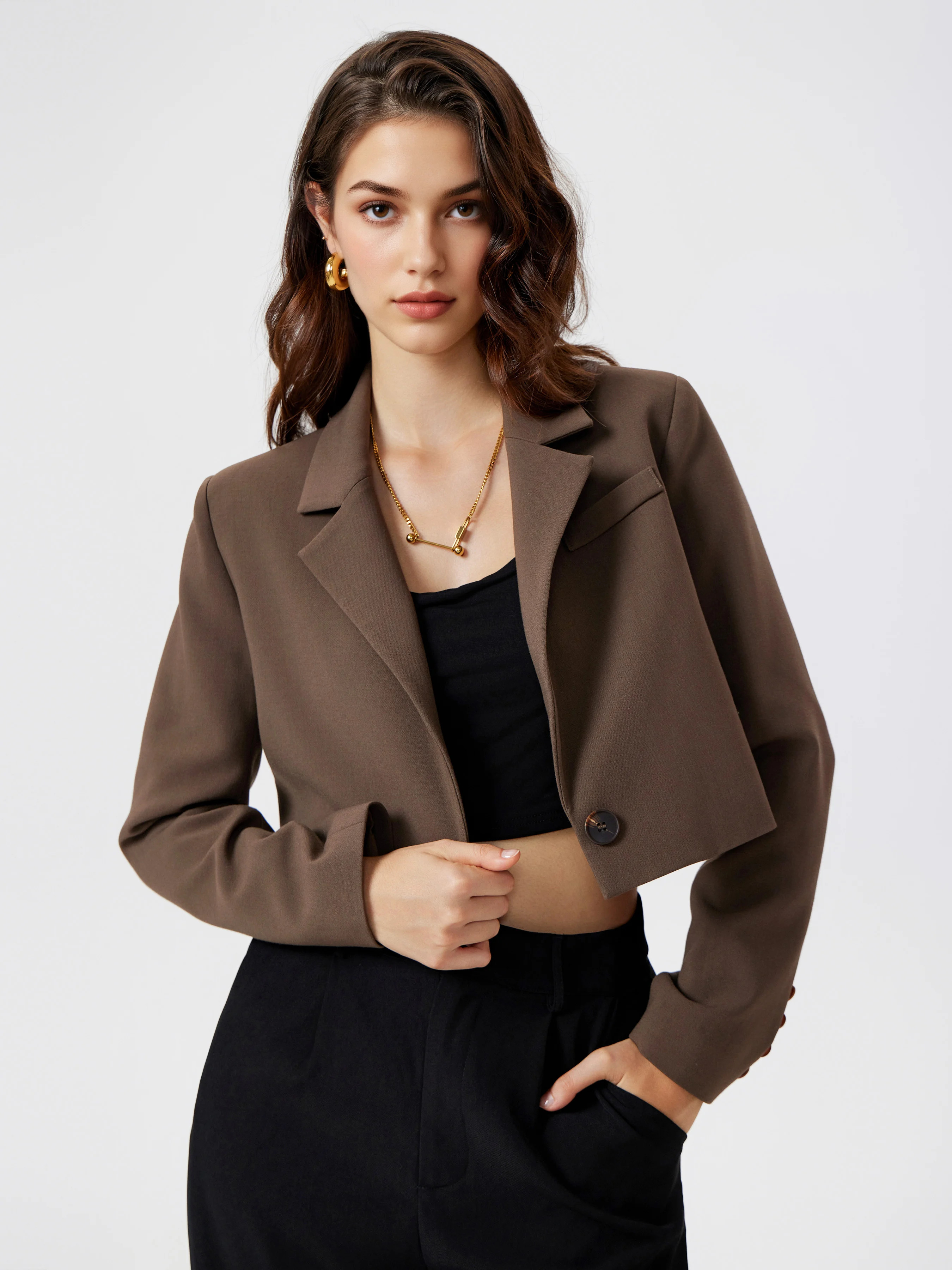 Office Siren Woven Collar Solid Button Crop Blazer For Daily Casual Work | Cider