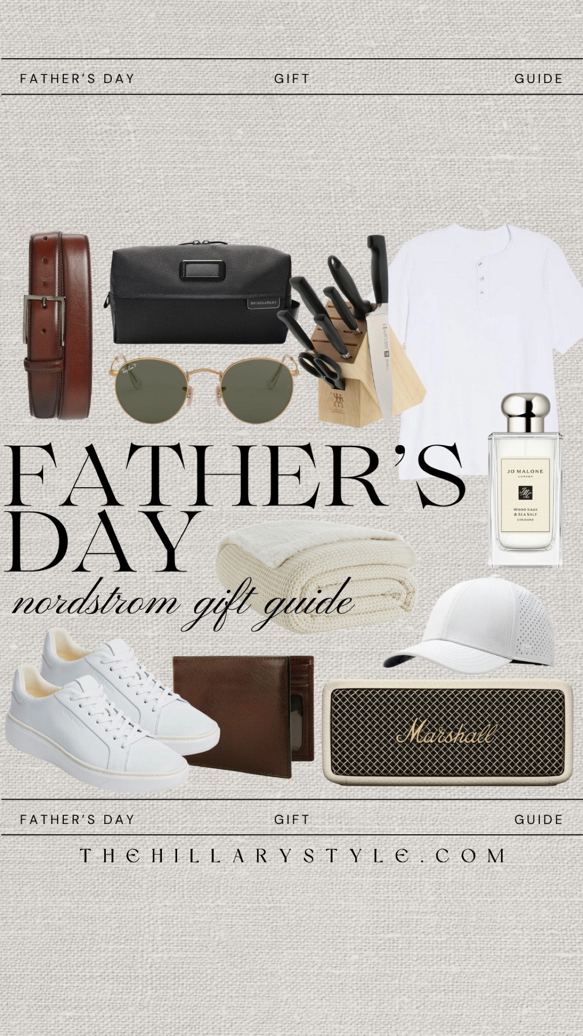 NORDSTROM Father’s Day Gift Guide: Marshall speaker, white sneakers, leather belt, toiletry bag, knife set, Ray-Ban sunglasses, Joe Malone cologne, hat, blanket, white linen shirt.

#LTKSeasonal #LTKMens #LTKGiftGuide