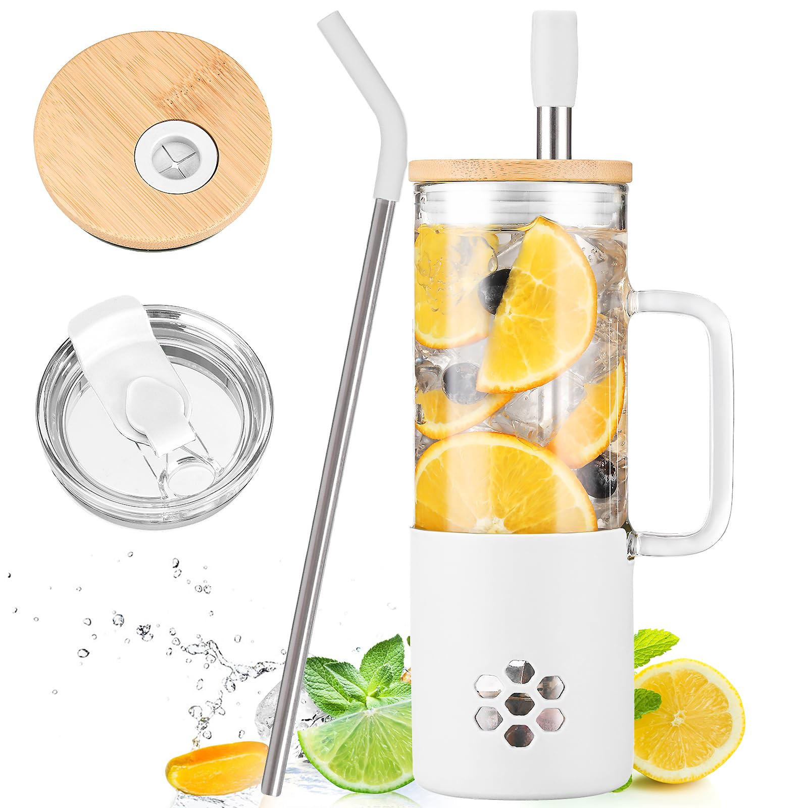MUKOKO 20 oz Glass Tumbler with Handle and 2 Lids - Bamboo Lid & On the Go Lid, Glass Water Bottle with Straw, Pearl Milk Tea & Drinking Straw Smoothie Cups with Silicone Sleeve BPA Free - White | Amazon (US)
