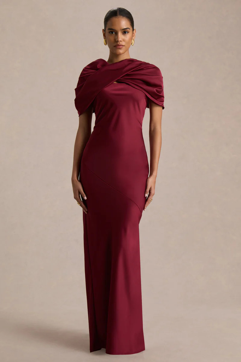 Yoli  Burgundy Satin Maxi Dress With Removable Twist-Cape | Club L London