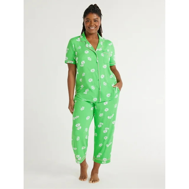 Joyspun Women's Knit Short Sleeve Notch Collar Top and Capri Pajama Set, 2-Piece, Sizes S to 3X -... | Walmart (US)