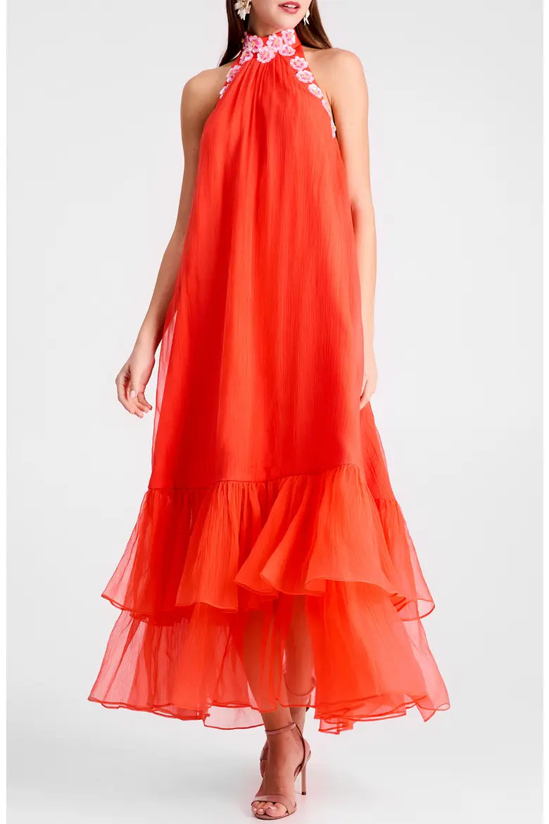 Romy Floral Appliqué Tiered Crinkle Chiffon Halter Dress (Women) | Nordstrom | Nordstrom