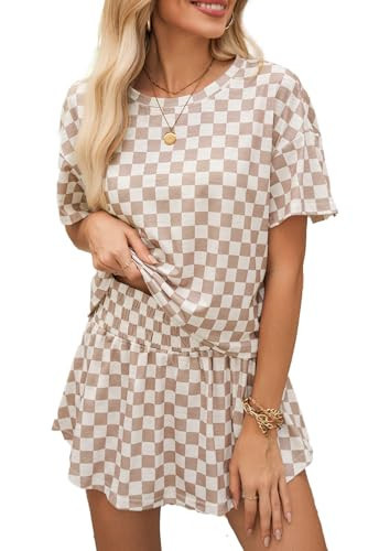 Opemiby Womens Summer 2 Piece Outfits Casual Short Sleeve T Shirt and High Waist Skort Skirt Matching Lounge Set Brown M | Amazon (US)