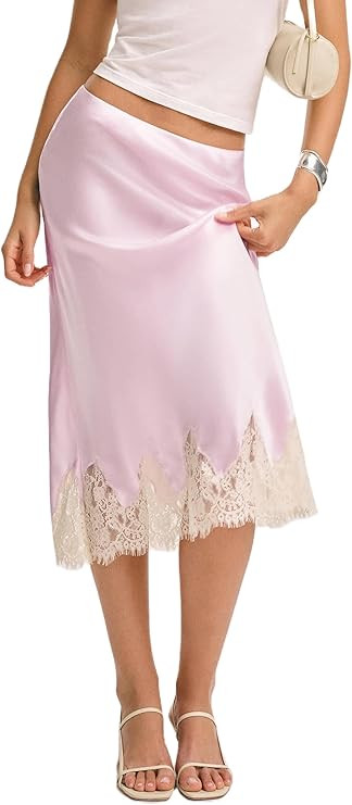 Women Satin Lace Trim Maxi Skirt Silk Lace Patchwork Silk High Waist Fall Midi Skirt Flowy Work H... | Amazon (US)