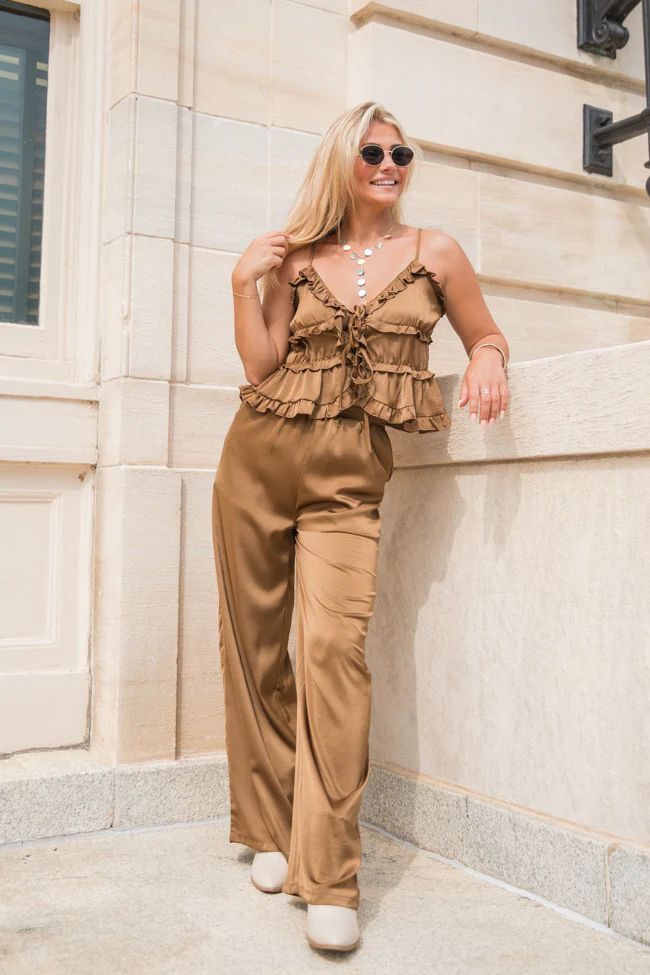 Downtown Meetup Sand Satin Wide Leg Pants SALE | Pink Lily