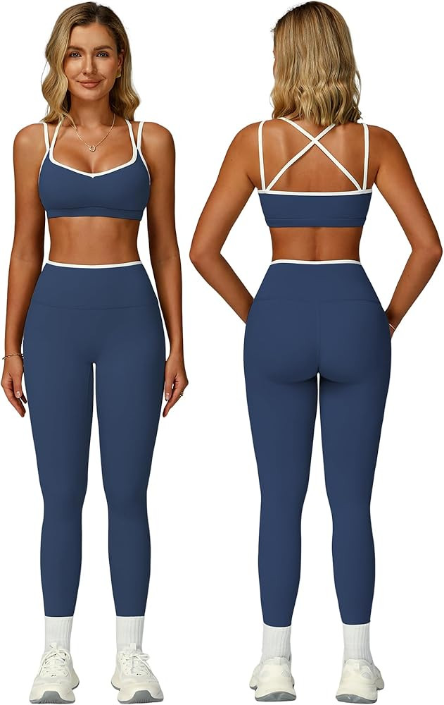 ABOCIW Two Piece Workout Sets for Women Color Block Strappy Sports Bra High Waist Leggings Yoga P... | Amazon (US)