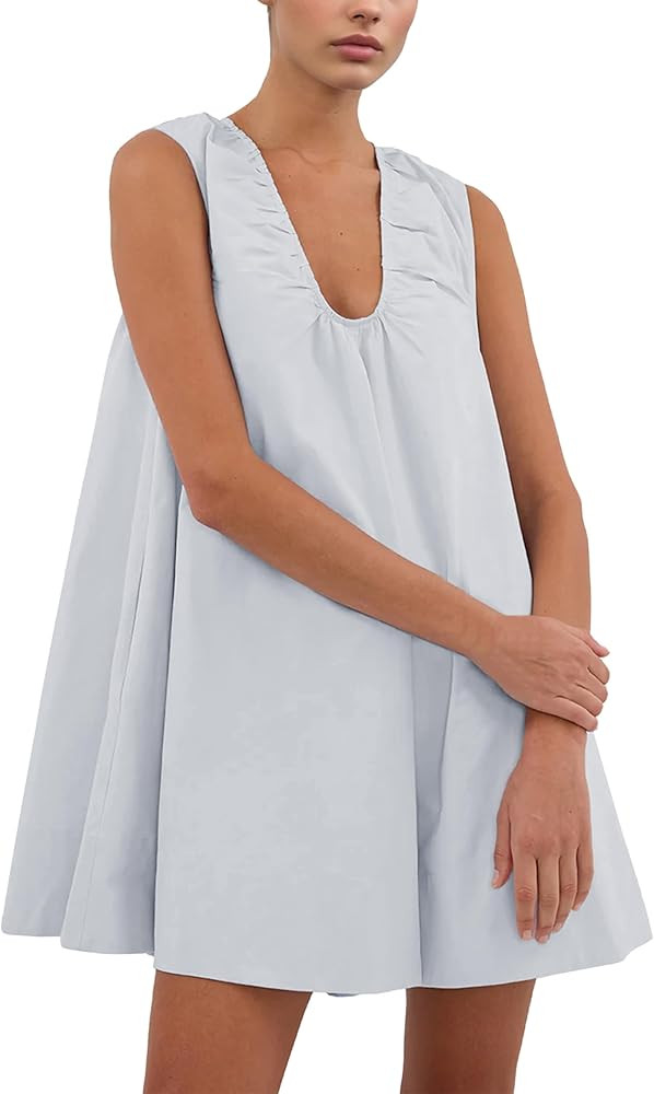 Summer Babydoll Tank Mini Dresses for Women 2025 Scoop Neck Flowy Casual Sleeveless Sundress with... | Amazon (US)
