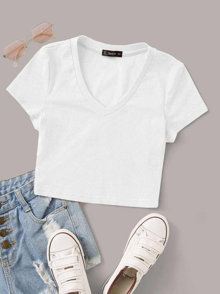 SHEIN V-neck Rib-knit Crop Tee | SHEIN