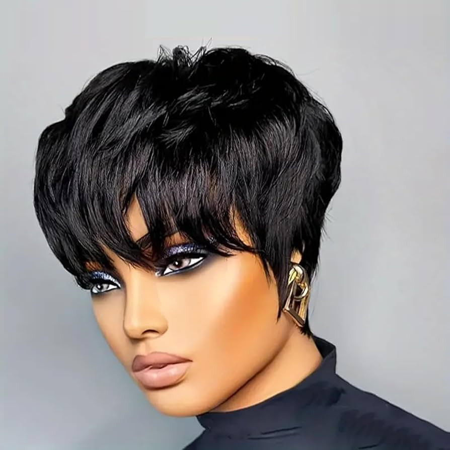 Short Human Hair Wigs Pixie Cut Wig with Bangs Straight Short Wigs for Woman 100% Real Human Hair... | Amazon (UK)