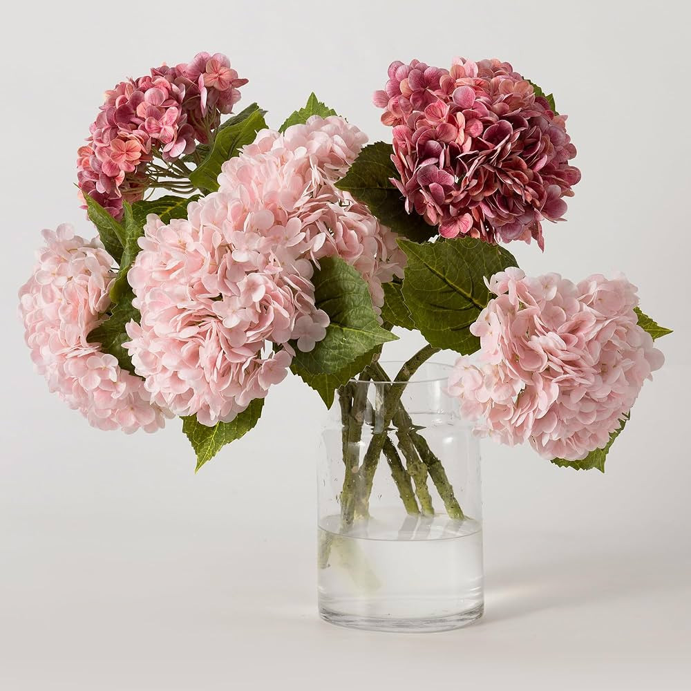 6 Pcs Pink Hydrangea Flowers Bouquets Silk Hydrangea Flowers with Stems Faux Hydrangea Stems for ... | Amazon (US)