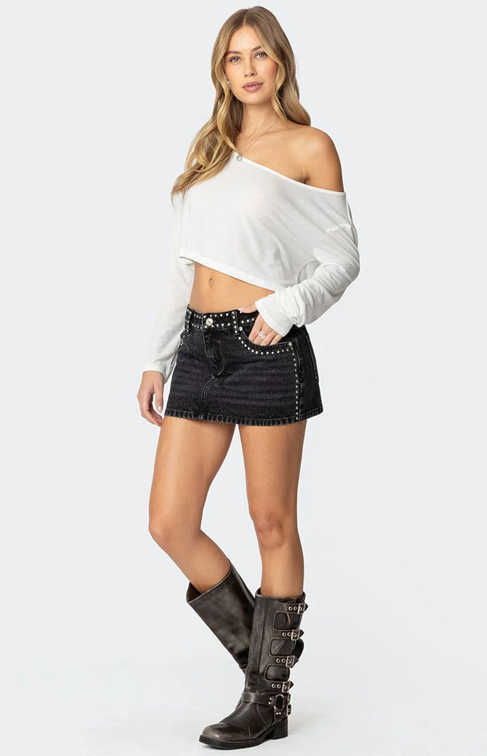 Edikted Women's Mia Studded Denim Mini Skirt in Washed Black - Size Small | PacSun