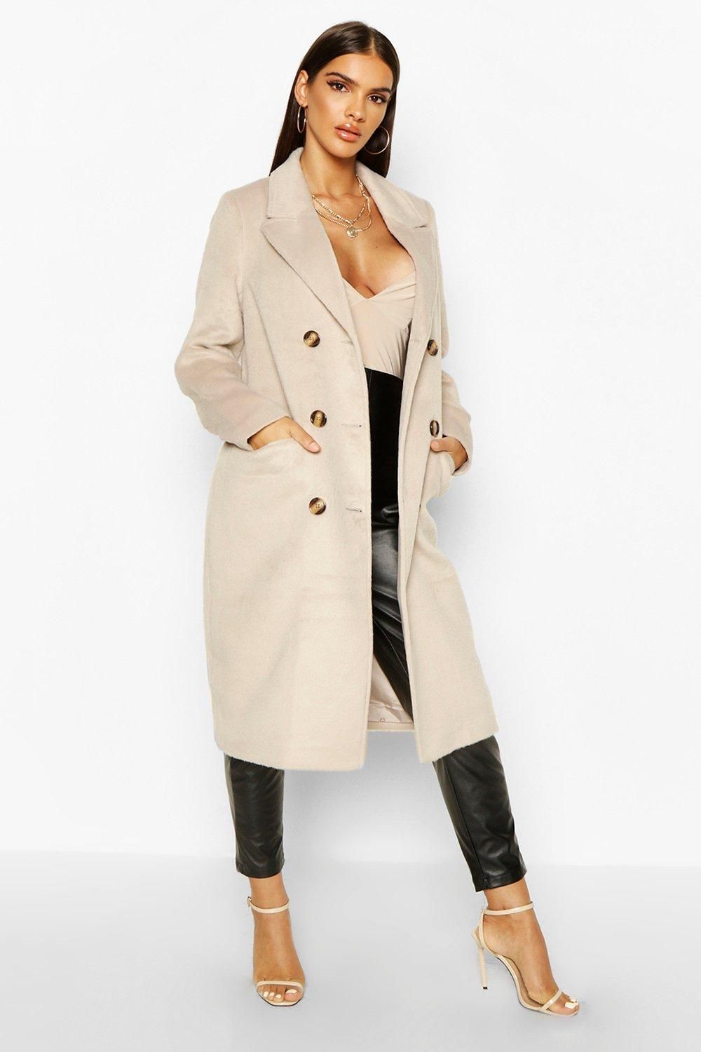 Womens Brushed Wool Look Double Breasted Coat - Beige - 8 | Boohoo.com (US & CA)