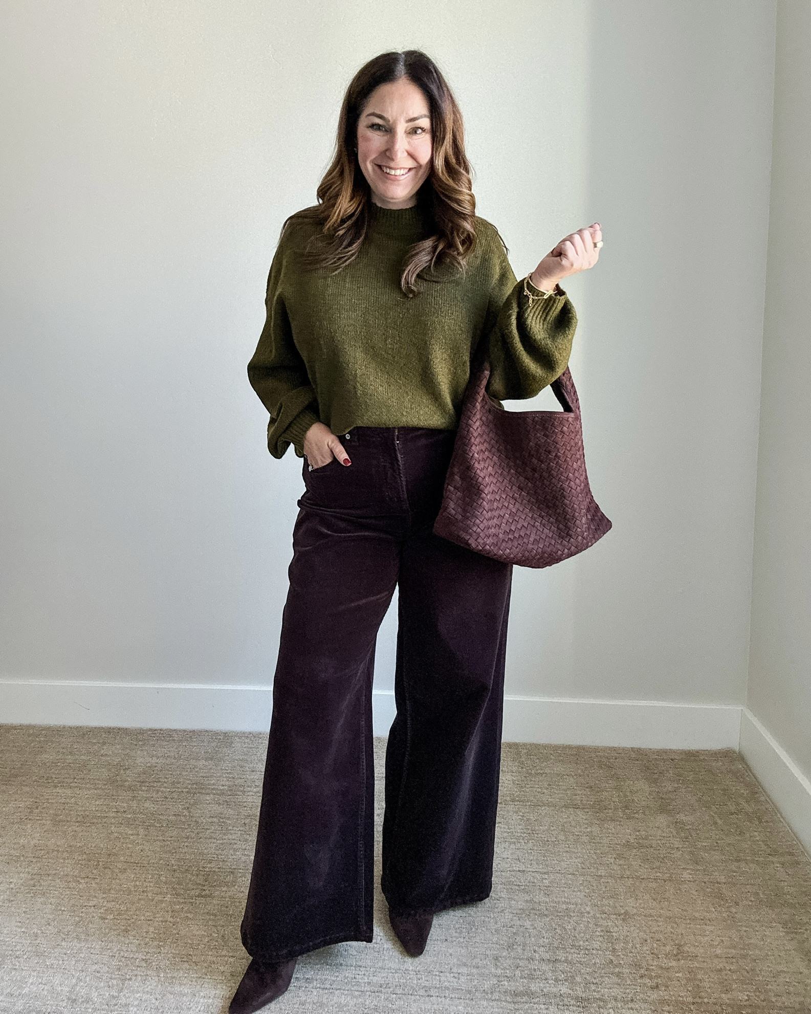 Fall Everyday Midsize Outfit with New Spanx wide leg chocolate brown corduroy pants and a olive green balloon-sleeve sweater.  | Wearing sweater in tts, L and Pants, 14 

 

#LTKOver40 #LTKMidsize #LTKFindsUnder50
