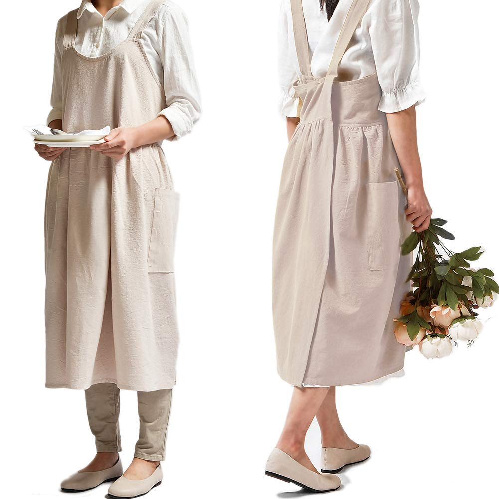 NEWGEM Cotton Linen Cross Back Apron for Women with Pockets for Cooking Painting Beige without Wa... | Amazon (US)