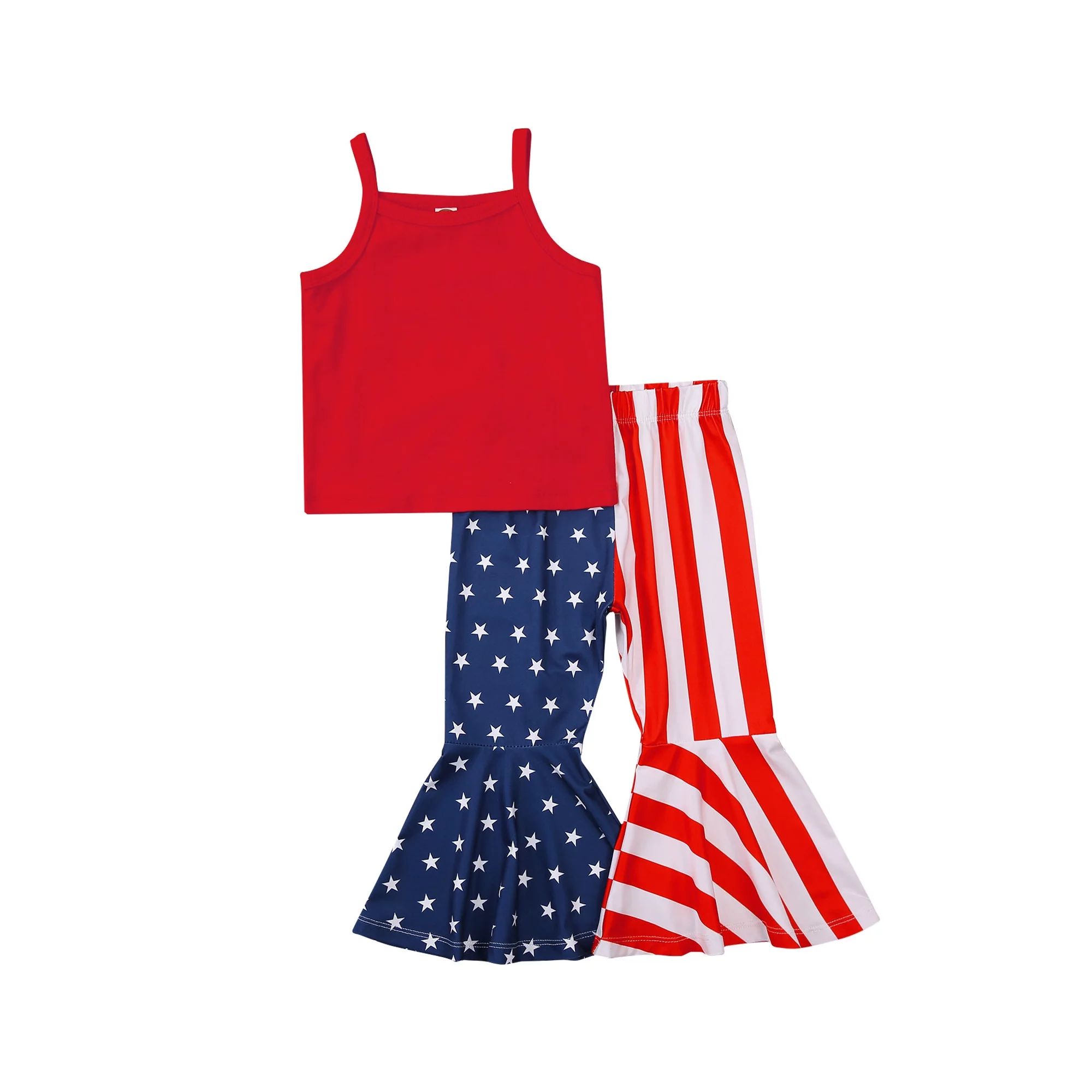 Binwwede Toddler Baby Girl 4th of July Outfit Strap Sleeveless Vest Top + American Flag Flare Pan... | Walmart (US)